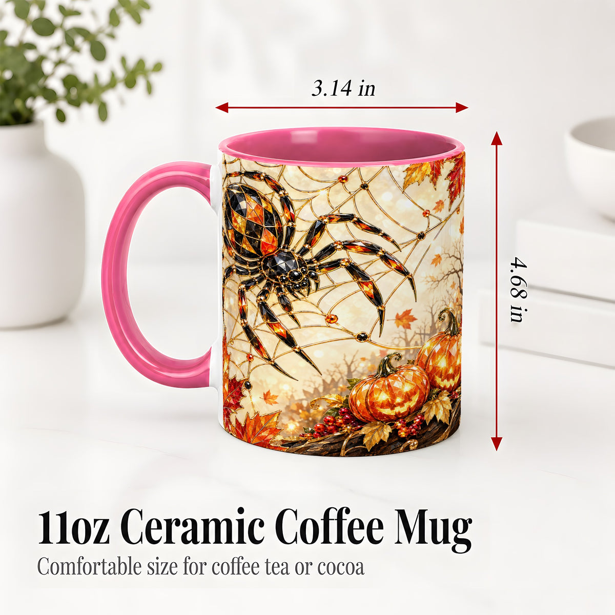 #pl[11oz|Pink] Halloween Spider Web Ceramic Mug, Jack-O-Lantern Artwork