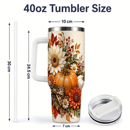 #pl[40oz|White] Autumn Pumpkin Tumbler 40oz, Sunflower Leopard Bow Seasonal Artwork