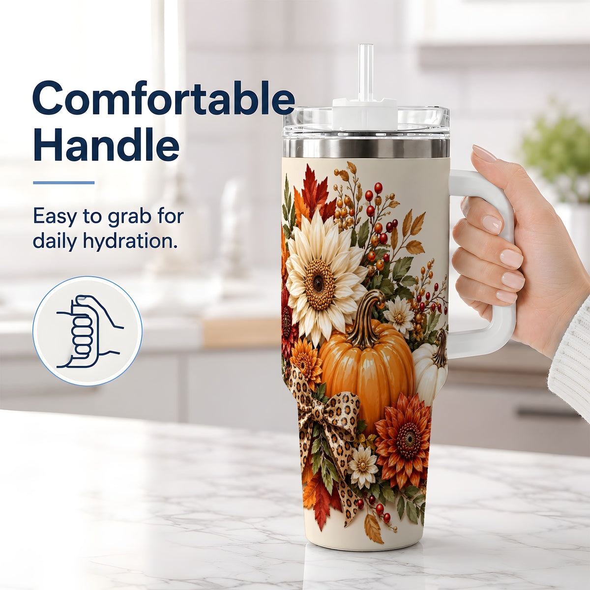#pl[40oz|White] Autumn Pumpkin Tumbler 40oz, Sunflower Leopard Bow Seasonal Artwork