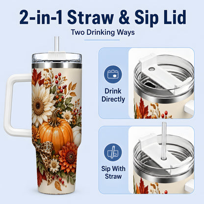 #pl[40oz|White] Autumn Pumpkin Tumbler 40oz, Sunflower Leopard Bow Seasonal Artwork