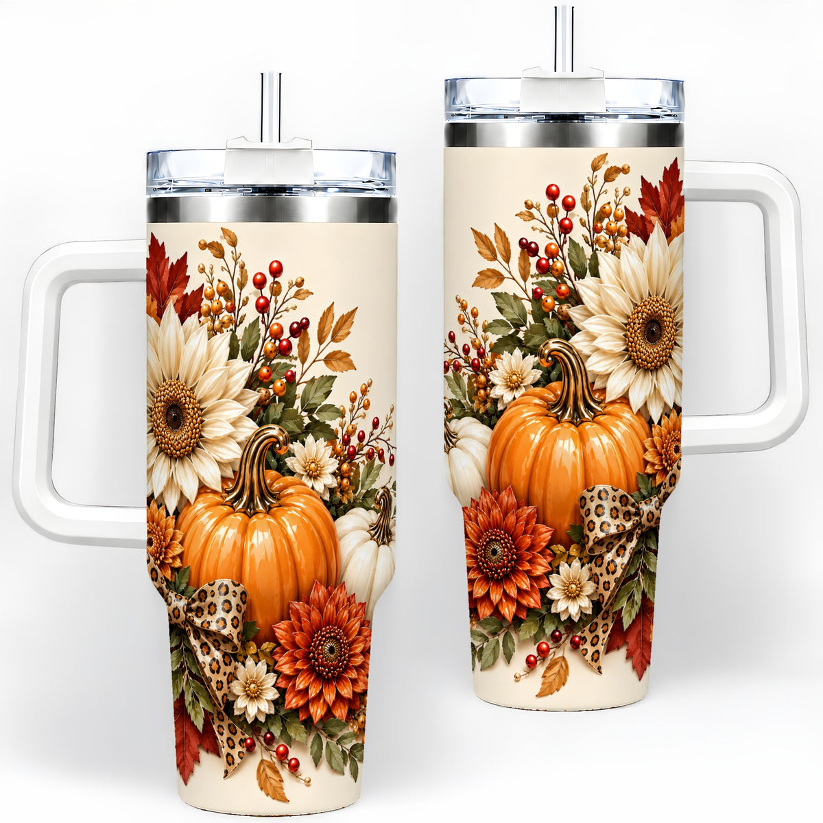 Autumn Pumpkin Tumbler 40oz, Sunflower Leopard Bow Seasonal Artwork
