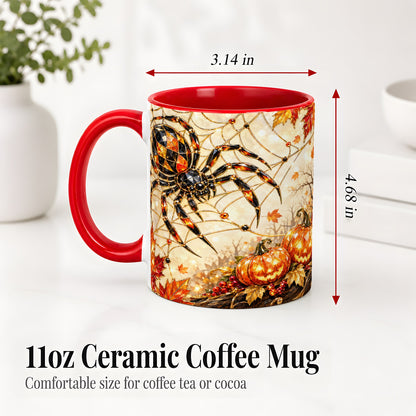 #pl[11oz|Red] Halloween Spider Web Ceramic Mug, Jack-O-Lantern Artwork