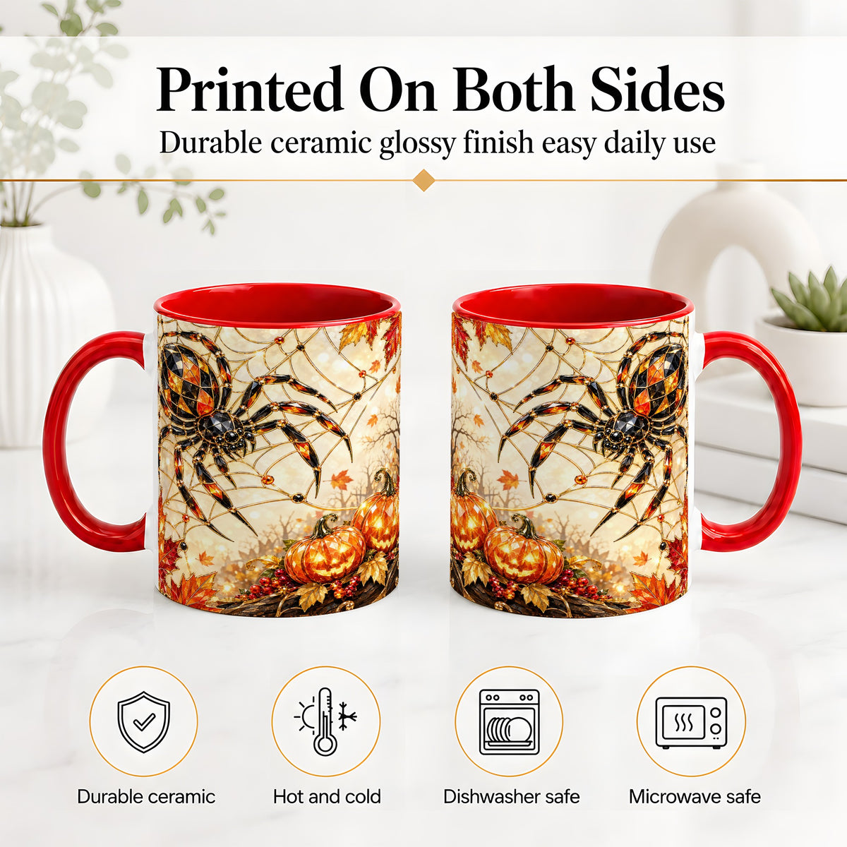 #pl[11oz|Red] Halloween Spider Web Ceramic Mug, Jack-O-Lantern Artwork