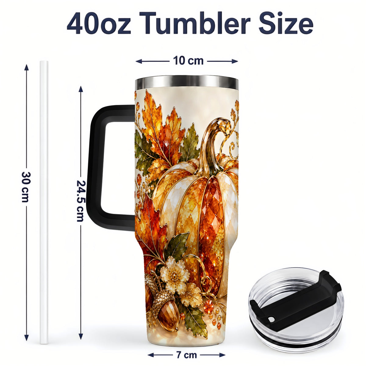#pl[40oz|Black] Jeweled Pumpkin Tumbler 40oz, Maple Leaf and Acorn Autumn Artwork