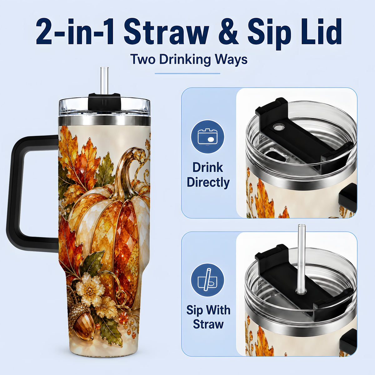 #pl[40oz|Black] Jeweled Pumpkin Tumbler 40oz, Maple Leaf and Acorn Autumn Artwork