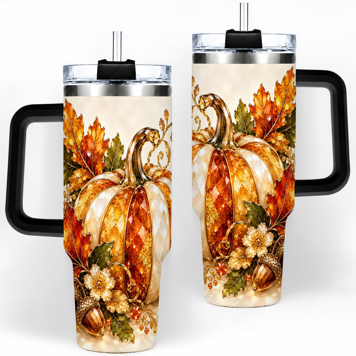 #pl[40oz|Black] Jeweled Pumpkin Tumbler 40oz, Maple Leaf and Acorn Autumn Artwork