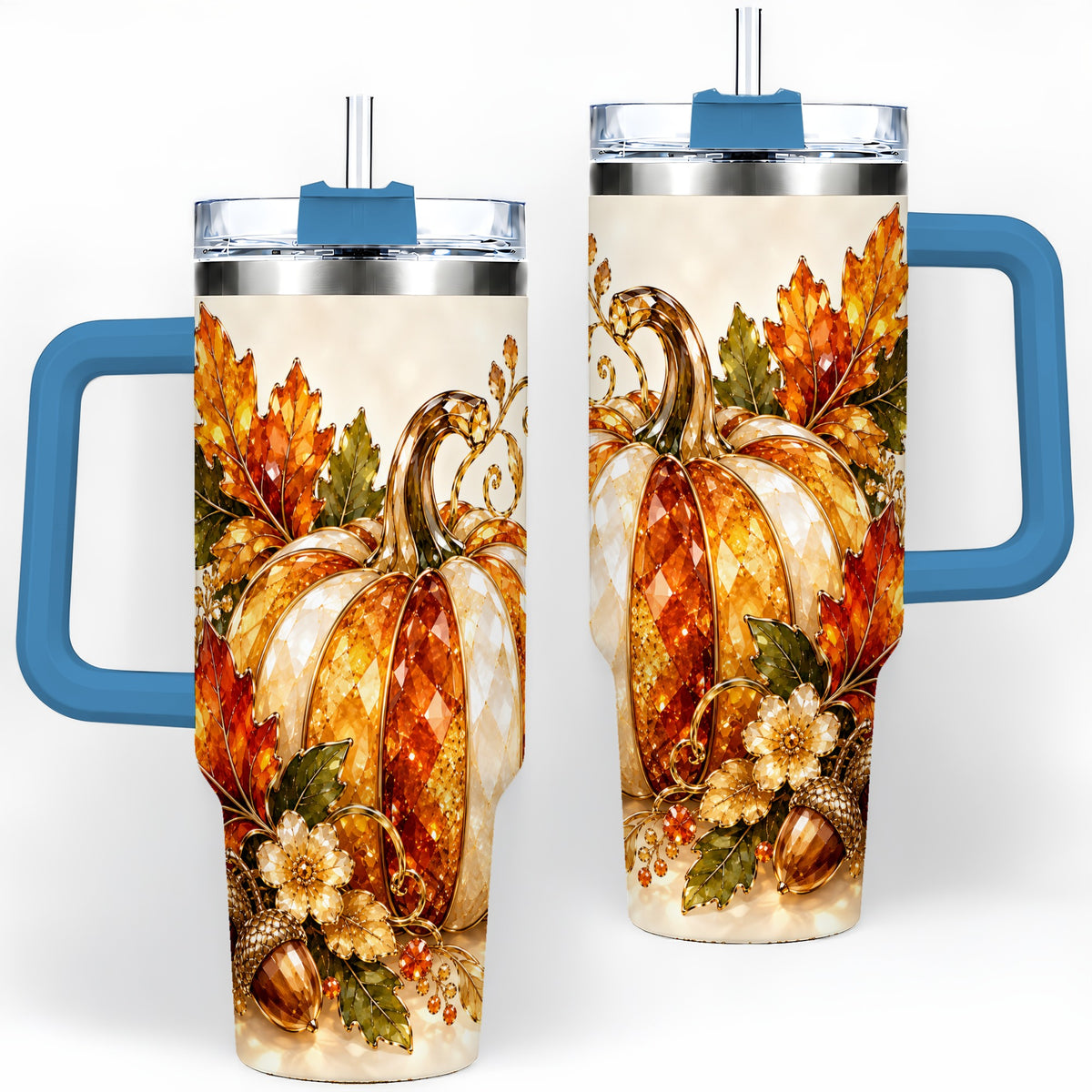 #pl[40oz|Blue] Jeweled Pumpkin Tumbler 40oz, Maple Leaf and Acorn Autumn Artwork