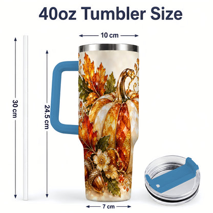 #pl[40oz|Blue] Jeweled Pumpkin Tumbler 40oz, Maple Leaf and Acorn Autumn Artwork