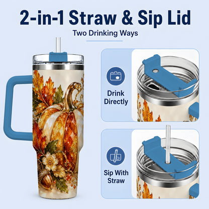 #pl[40oz|Blue] Jeweled Pumpkin Tumbler 40oz, Maple Leaf and Acorn Autumn Artwork