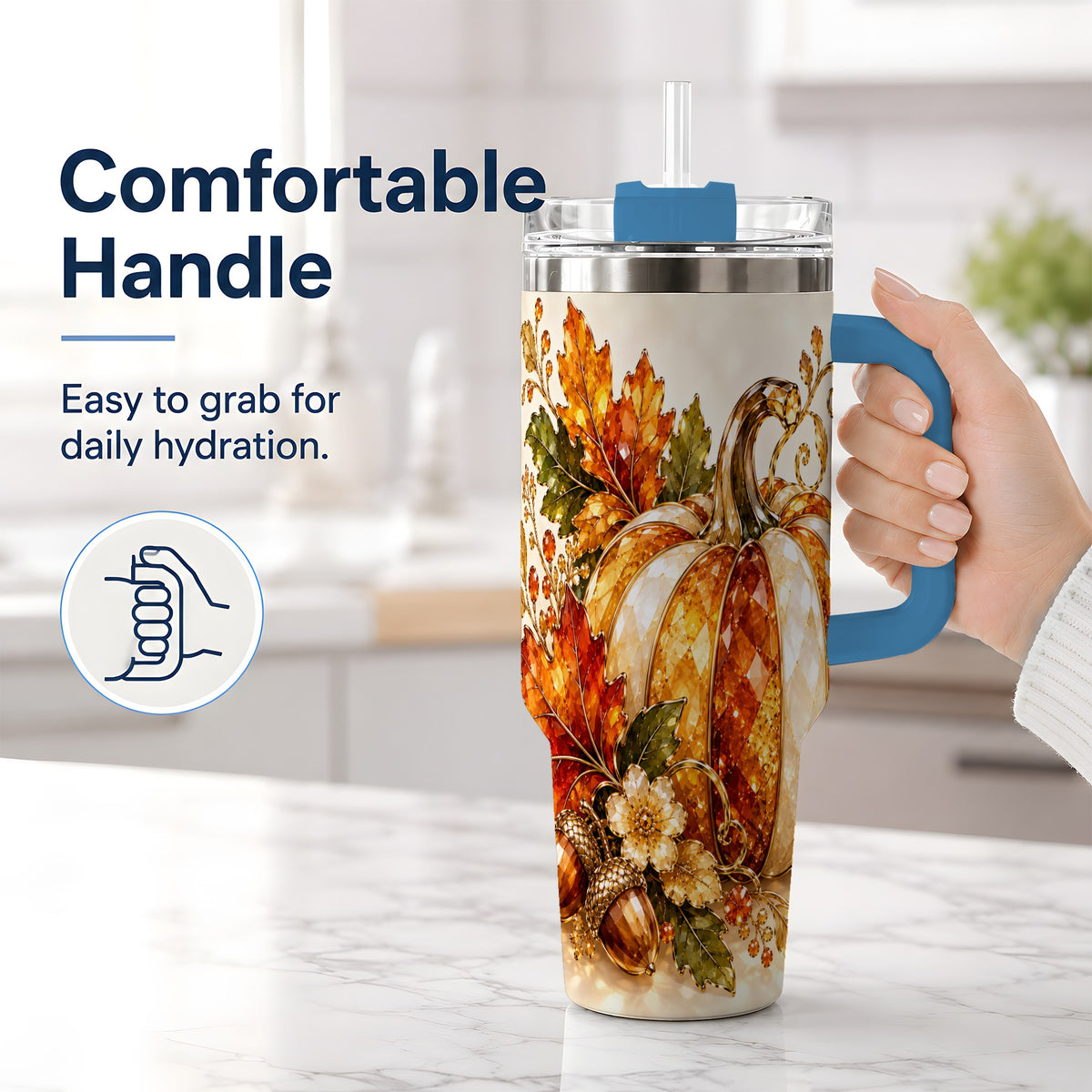 #pl[40oz|Blue] Jeweled Pumpkin Tumbler 40oz, Maple Leaf and Acorn Autumn Artwork