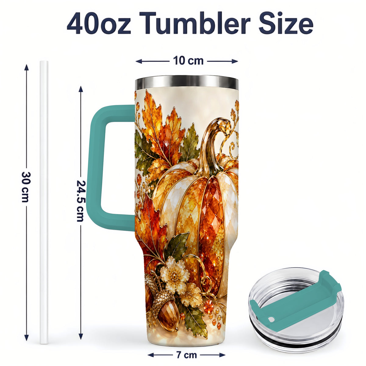 #pl[40oz|Green] Jeweled Pumpkin Tumbler 40oz, Maple Leaf and Acorn Autumn Artwork