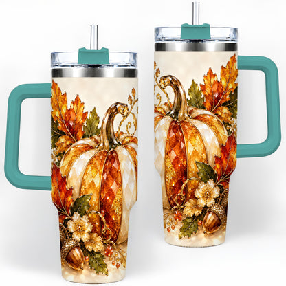 #pl[40oz|Green] Jeweled Pumpkin Tumbler 40oz, Maple Leaf and Acorn Autumn Artwork