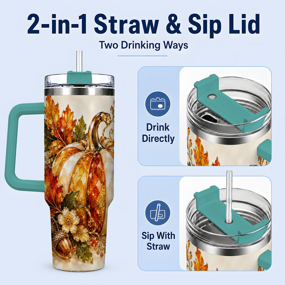 #pl[40oz|Green] Jeweled Pumpkin Tumbler 40oz, Maple Leaf and Acorn Autumn Artwork