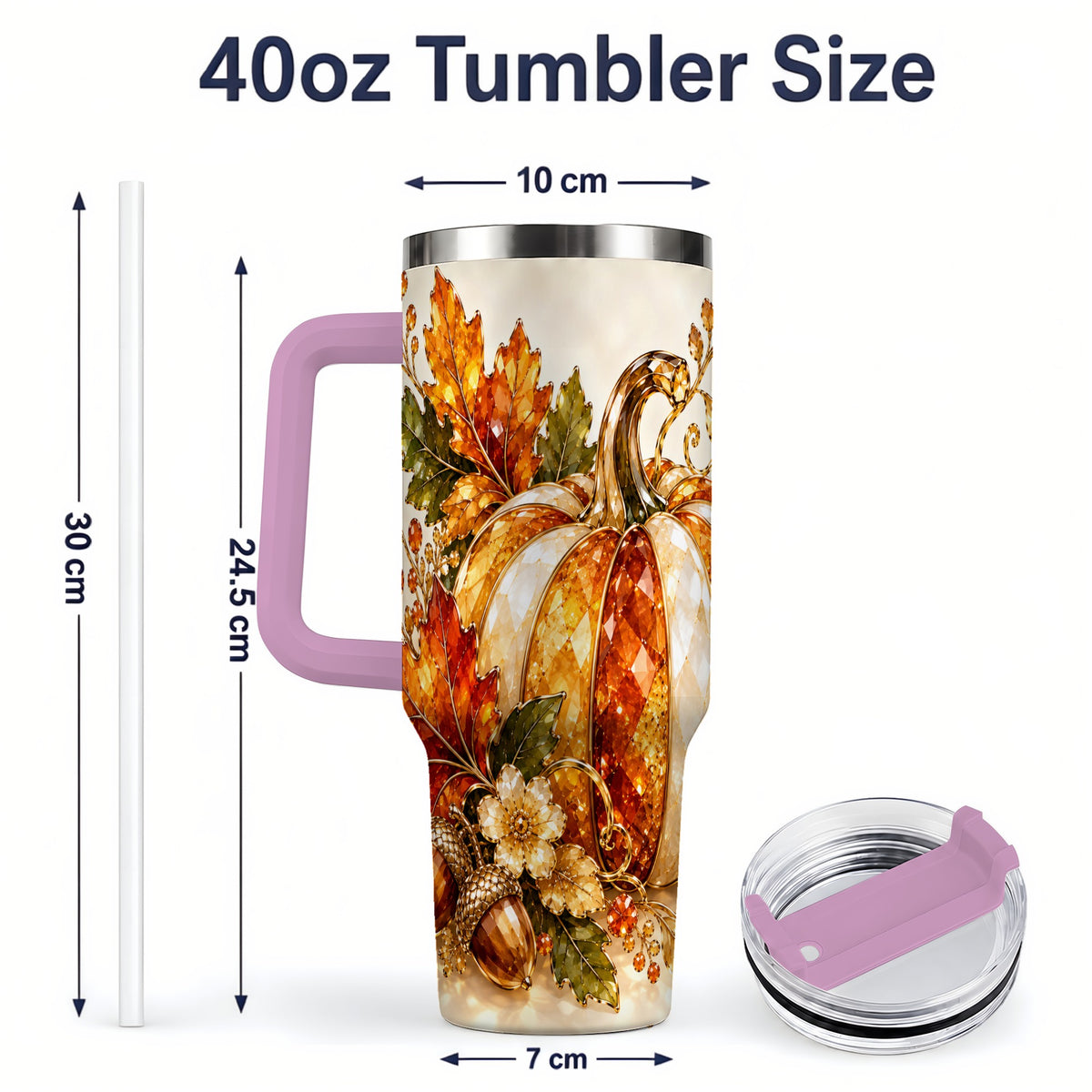 #pl[40oz|Pink] Jeweled Pumpkin Tumbler 40oz, Maple Leaf and Acorn Autumn Artwork