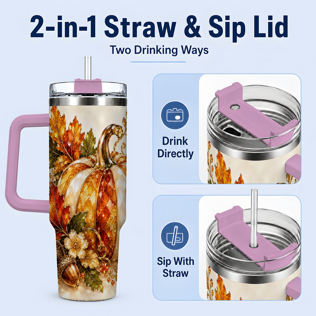 #pl[40oz|Pink] Jeweled Pumpkin Tumbler 40oz, Maple Leaf and Acorn Autumn Artwork