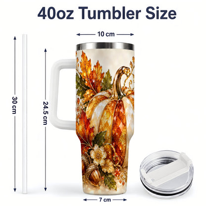 #pl[40oz|White] Jeweled Pumpkin Tumbler 40oz, Maple Leaf and Acorn Autumn Artwork
