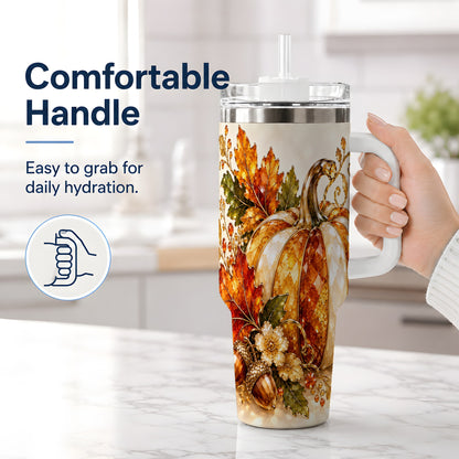 #pl[40oz|White] Jeweled Pumpkin Tumbler 40oz, Maple Leaf and Acorn Autumn Artwork
