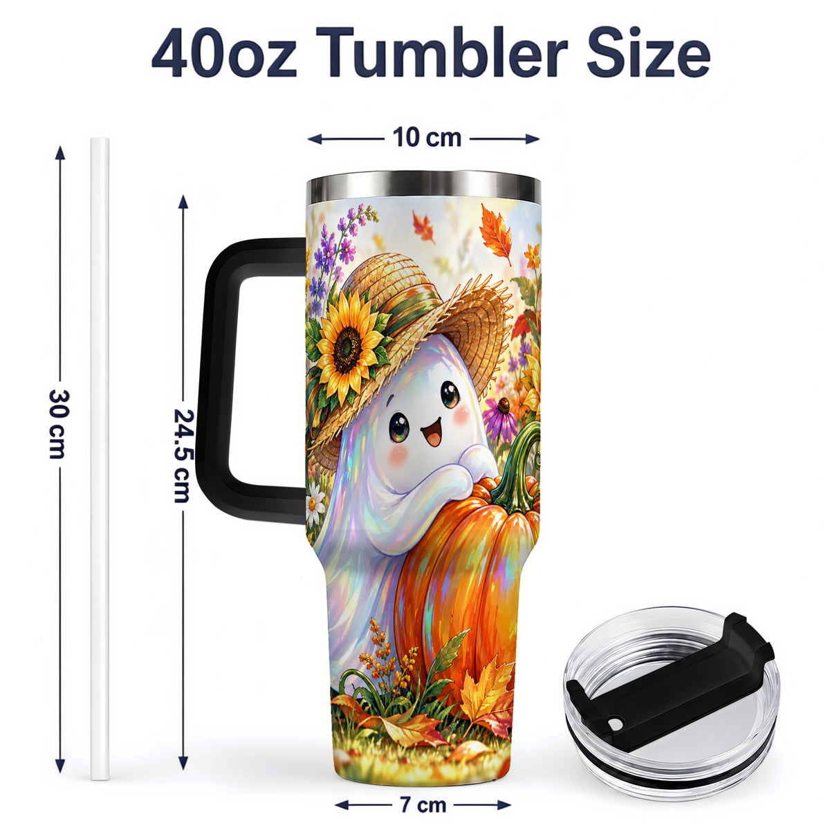 #pl[40oz|Black] Autumn Ghost Tumbler 40oz, Pumpkin Sunflower Garden Seasonal Artwork