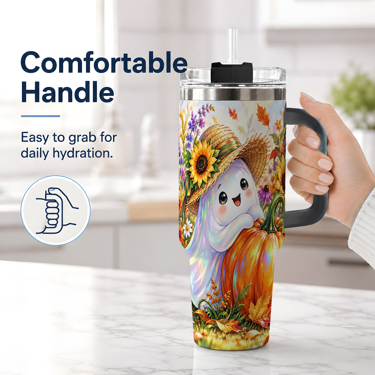#pl[40oz|Black] Autumn Ghost Tumbler 40oz, Pumpkin Sunflower Garden Seasonal Artwork