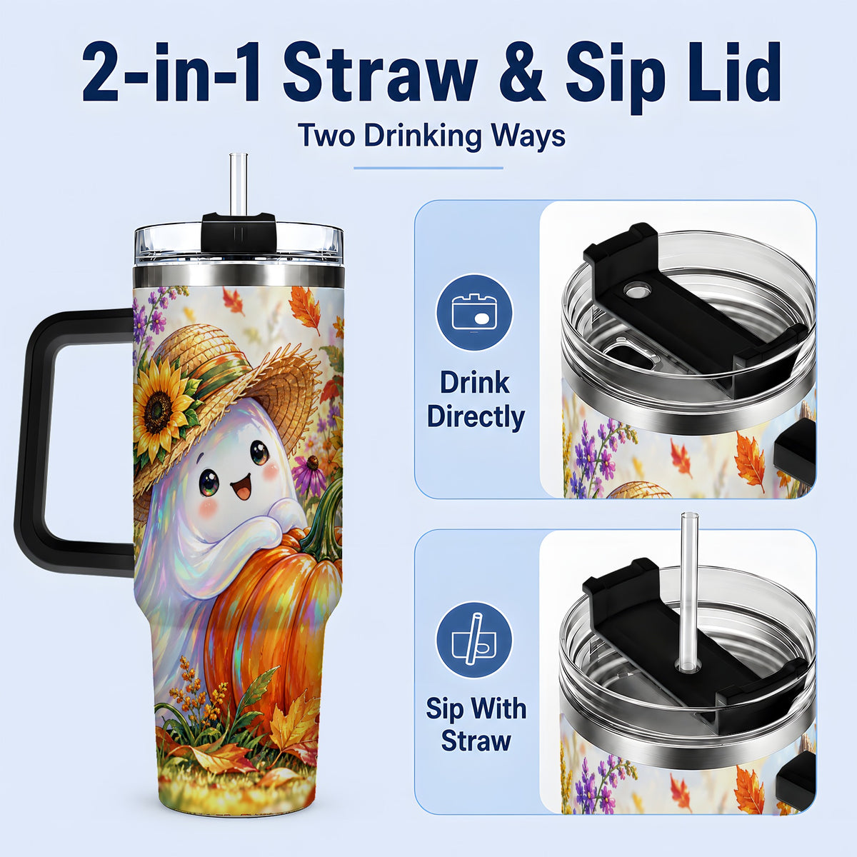 #pl[40oz|Black] Autumn Ghost Tumbler 40oz, Pumpkin Sunflower Garden Seasonal Artwork