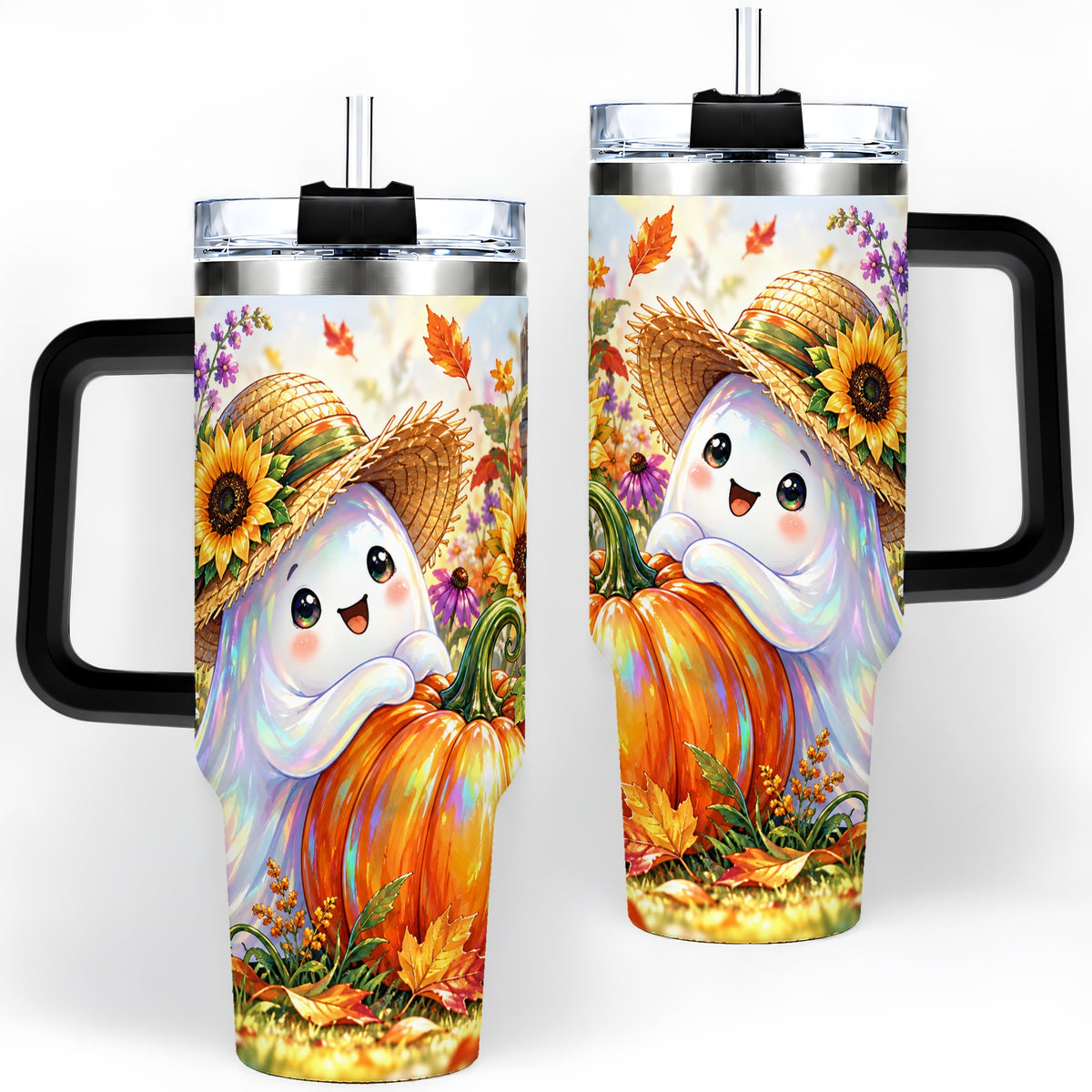 #pl[40oz|Black] Autumn Ghost Tumbler 40oz, Pumpkin Sunflower Garden Seasonal Artwork