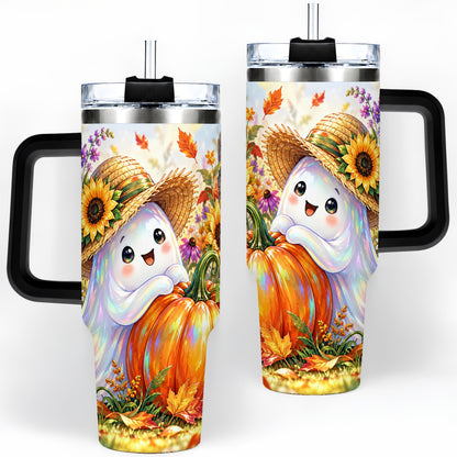 #pl[40oz|Black] Autumn Ghost Tumbler 40oz, Pumpkin Sunflower Garden Seasonal Artwork