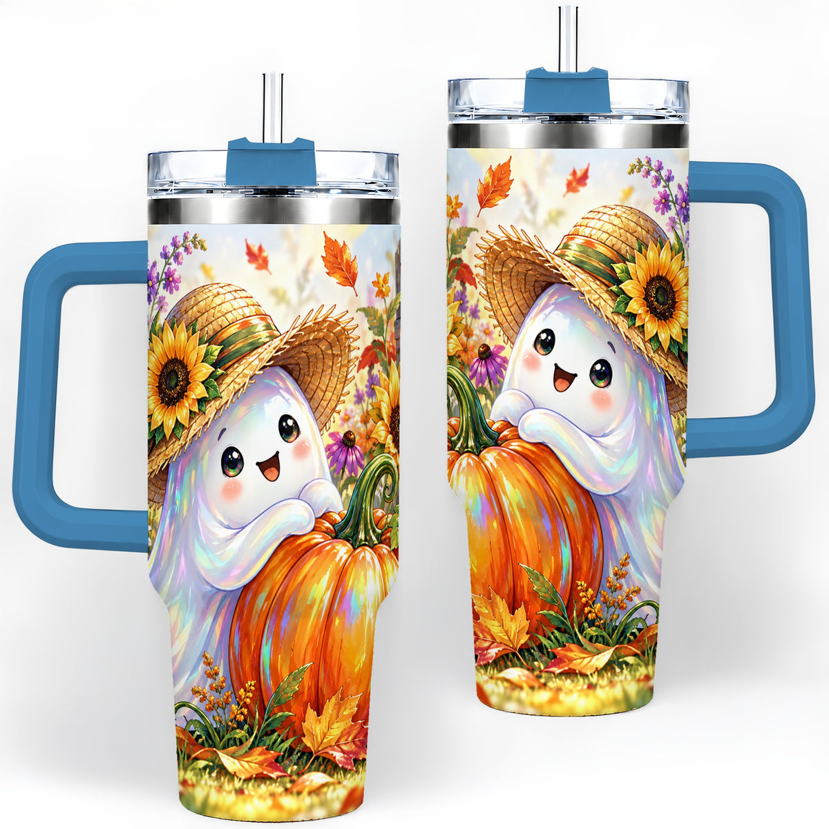 #pl[40oz|Blue] Autumn Ghost Tumbler 40oz, Pumpkin Sunflower Garden Seasonal Artwork