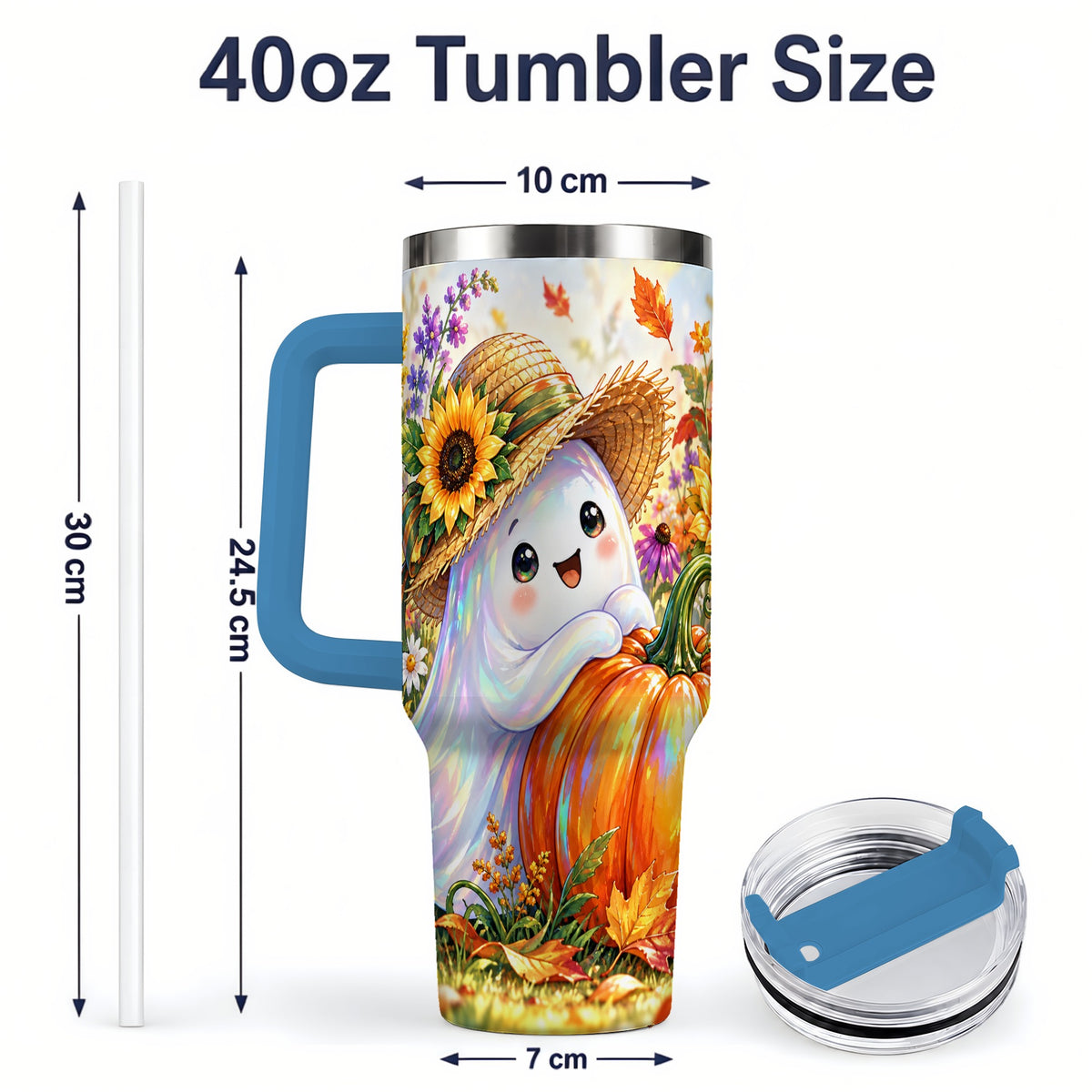 #pl[40oz|Blue] Autumn Ghost Tumbler 40oz, Pumpkin Sunflower Garden Seasonal Artwork