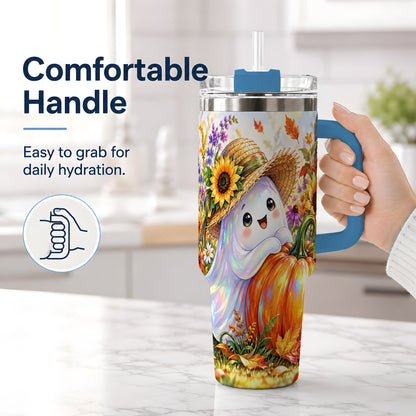 #pl[40oz|Blue] Autumn Ghost Tumbler 40oz, Pumpkin Sunflower Garden Seasonal Artwork