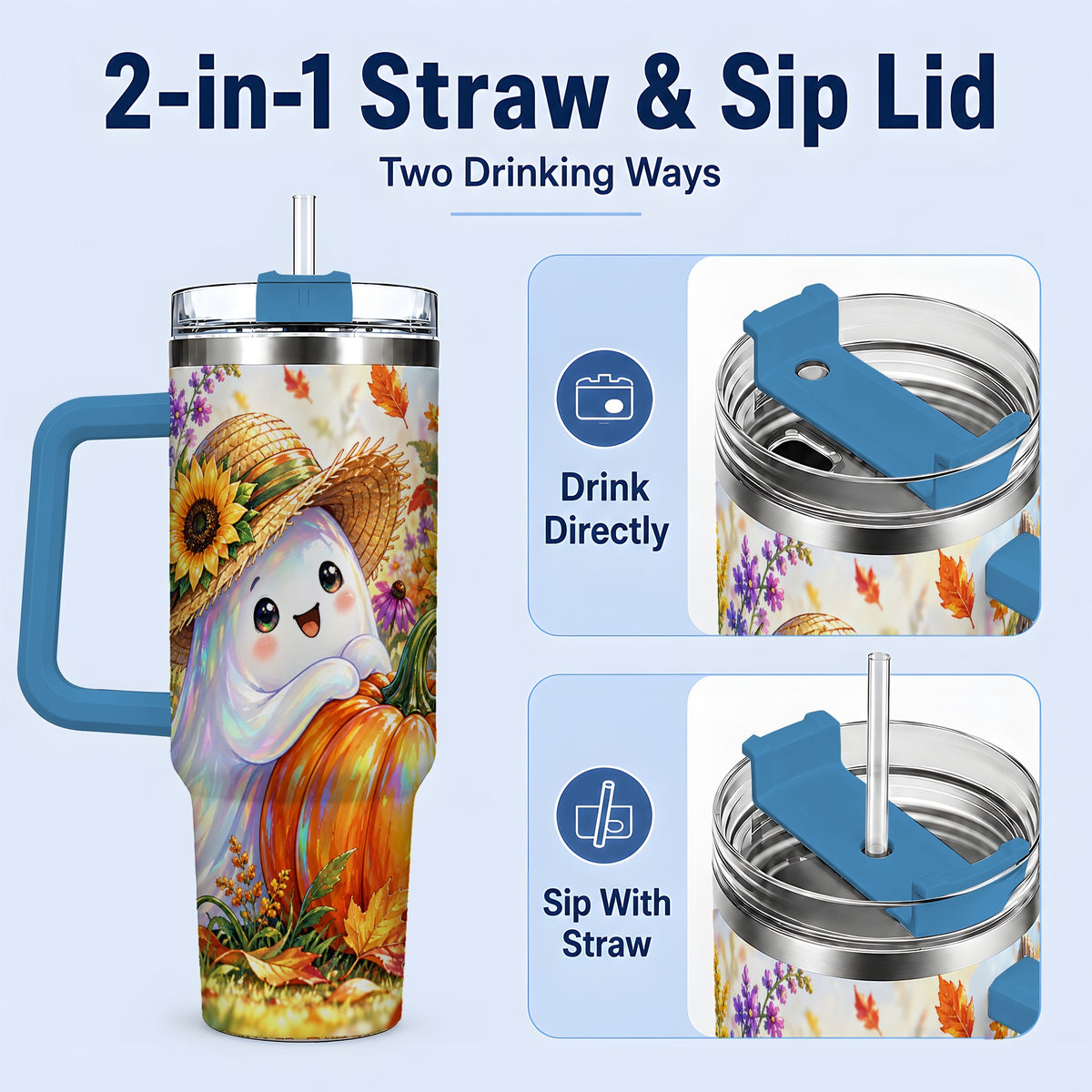#pl[40oz|Blue] Autumn Ghost Tumbler 40oz, Pumpkin Sunflower Garden Seasonal Artwork
