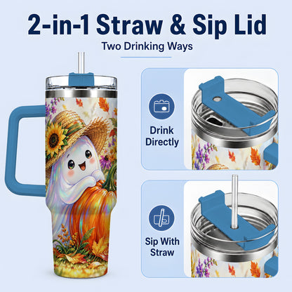 #pl[40oz|Blue] Autumn Ghost Tumbler 40oz, Pumpkin Sunflower Garden Seasonal Artwork