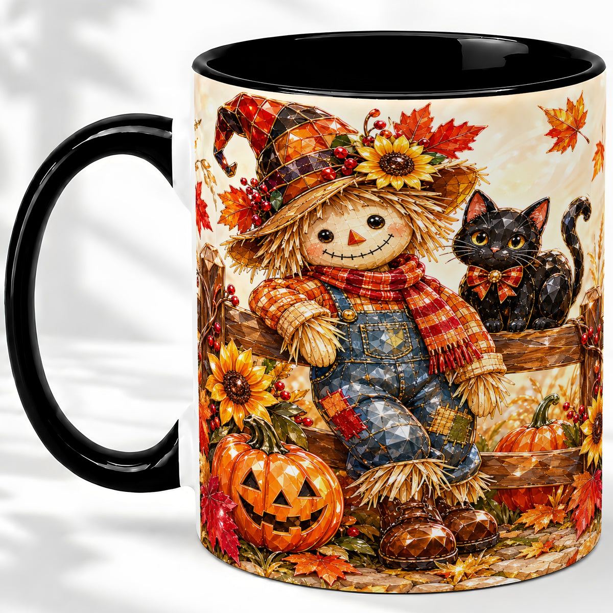 #pl[11oz|Black] Autumn Scarecrow Cat Ceramic Mug, Pumpkin Sunflower Artwork
