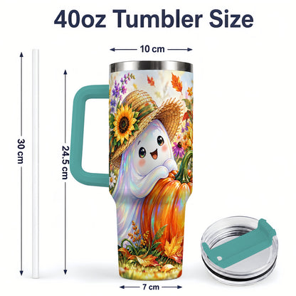 #pl[40oz|Green] Autumn Ghost Tumbler 40oz, Pumpkin Sunflower Garden Seasonal Artwork