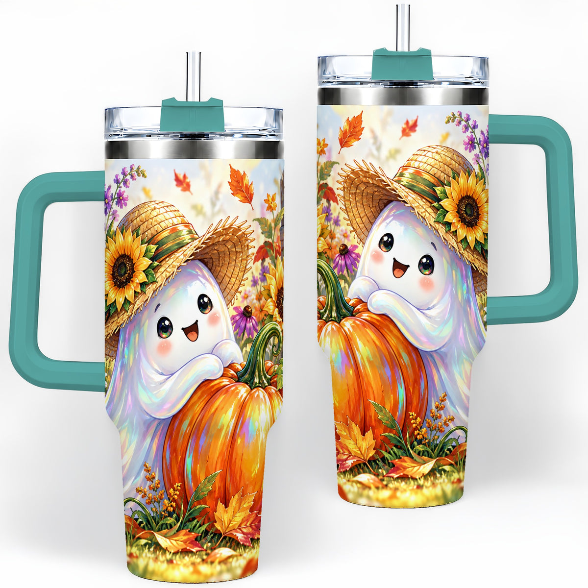 #pl[40oz|Green] Autumn Ghost Tumbler 40oz, Pumpkin Sunflower Garden Seasonal Artwork