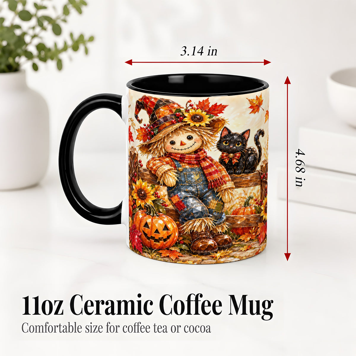 #pl[11oz|Black] Autumn Scarecrow Cat Ceramic Mug, Pumpkin Sunflower Artwork