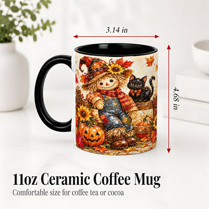#pl[11oz|Black] Autumn Scarecrow Cat Ceramic Mug, Pumpkin Sunflower Artwork