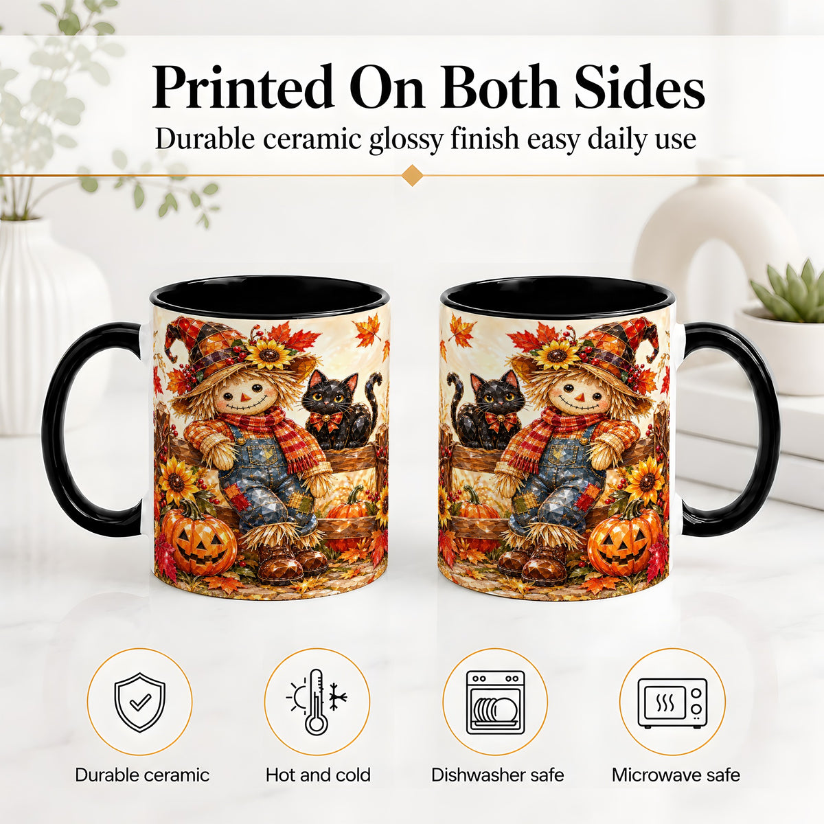 #pl[11oz|Black] Autumn Scarecrow Cat Ceramic Mug, Pumpkin Sunflower Artwork