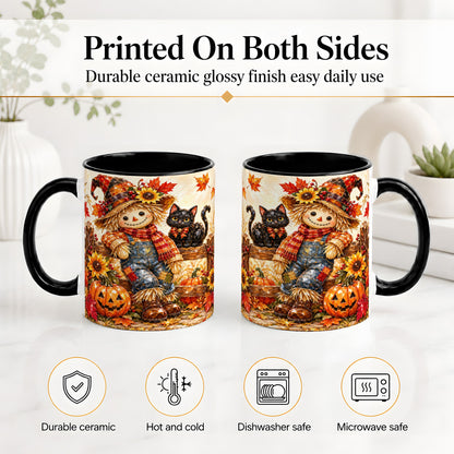 #pl[11oz|Black] Autumn Scarecrow Cat Ceramic Mug, Pumpkin Sunflower Artwork