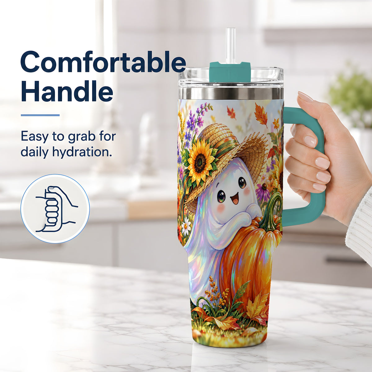 #pl[40oz|Green] Autumn Ghost Tumbler 40oz, Pumpkin Sunflower Garden Seasonal Artwork