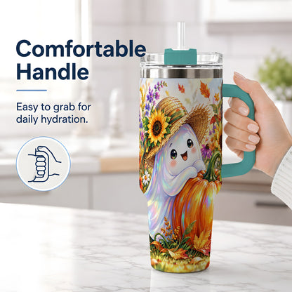#pl[40oz|Green] Autumn Ghost Tumbler 40oz, Pumpkin Sunflower Garden Seasonal Artwork