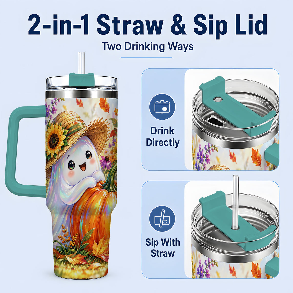 #pl[40oz|Green] Autumn Ghost Tumbler 40oz, Pumpkin Sunflower Garden Seasonal Artwork