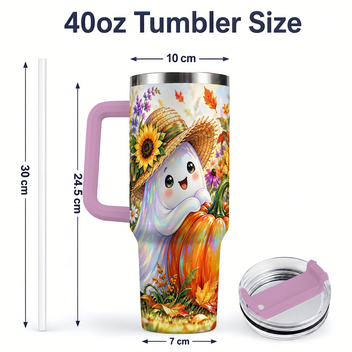 #pl[40oz|Pink] Autumn Ghost Tumbler 40oz, Pumpkin Sunflower Garden Seasonal Artwork