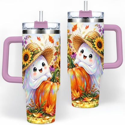#pl[40oz|Pink] Autumn Ghost Tumbler 40oz, Pumpkin Sunflower Garden Seasonal Artwork