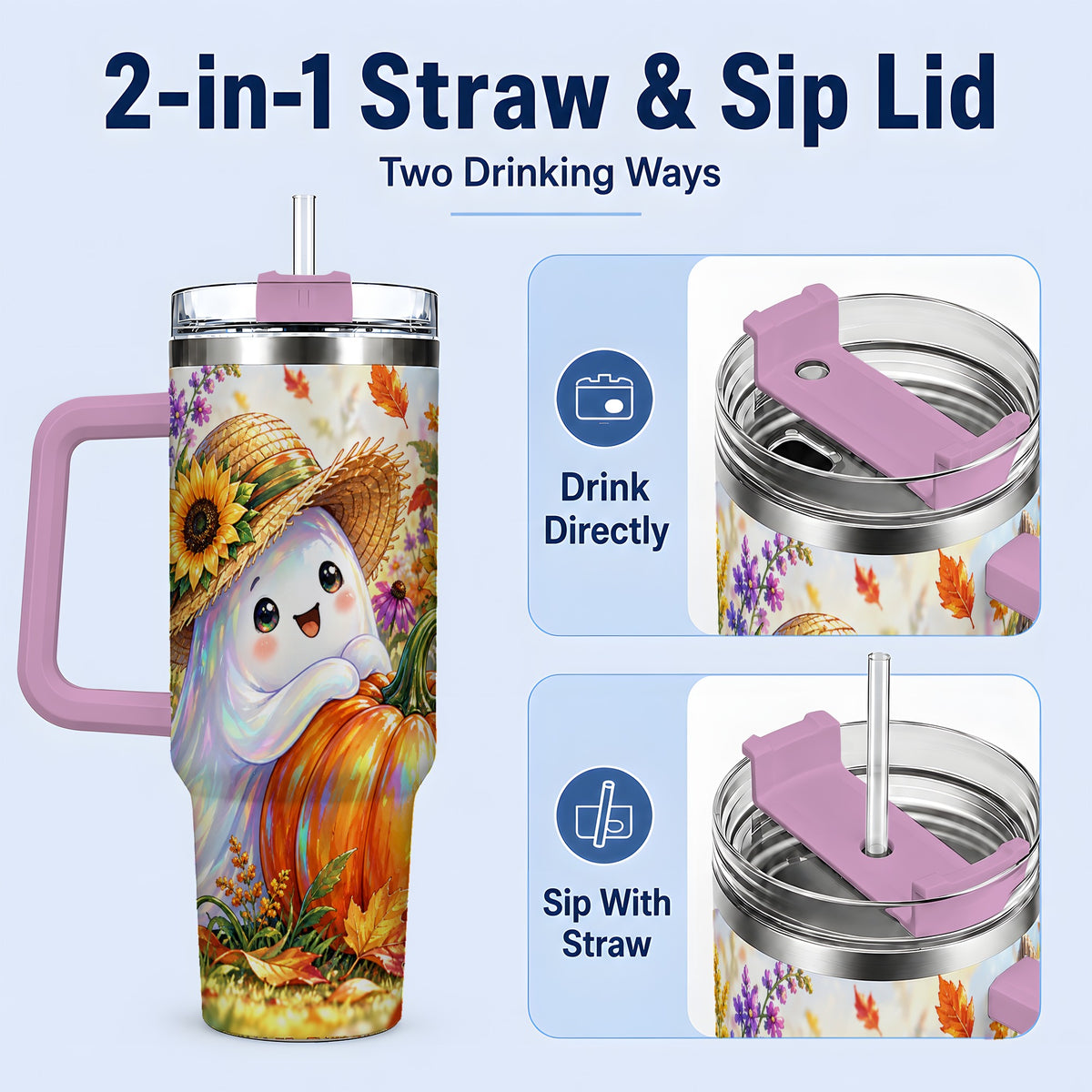 #pl[40oz|Pink] Autumn Ghost Tumbler 40oz, Pumpkin Sunflower Garden Seasonal Artwork