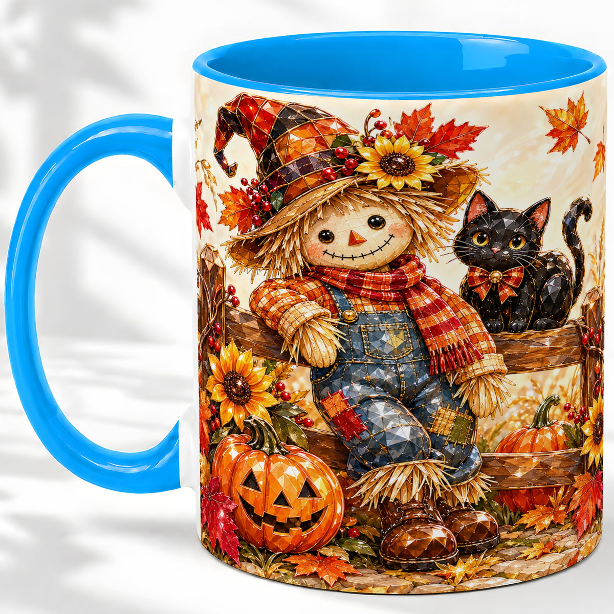 #pl[11oz|Blue] Autumn Scarecrow Cat Ceramic Mug, Pumpkin Sunflower Artwork