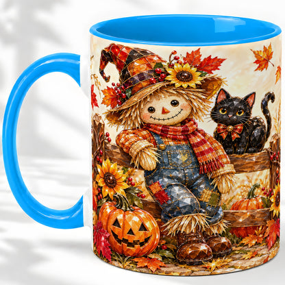 #pl[11oz|Blue] Autumn Scarecrow Cat Ceramic Mug, Pumpkin Sunflower Artwork