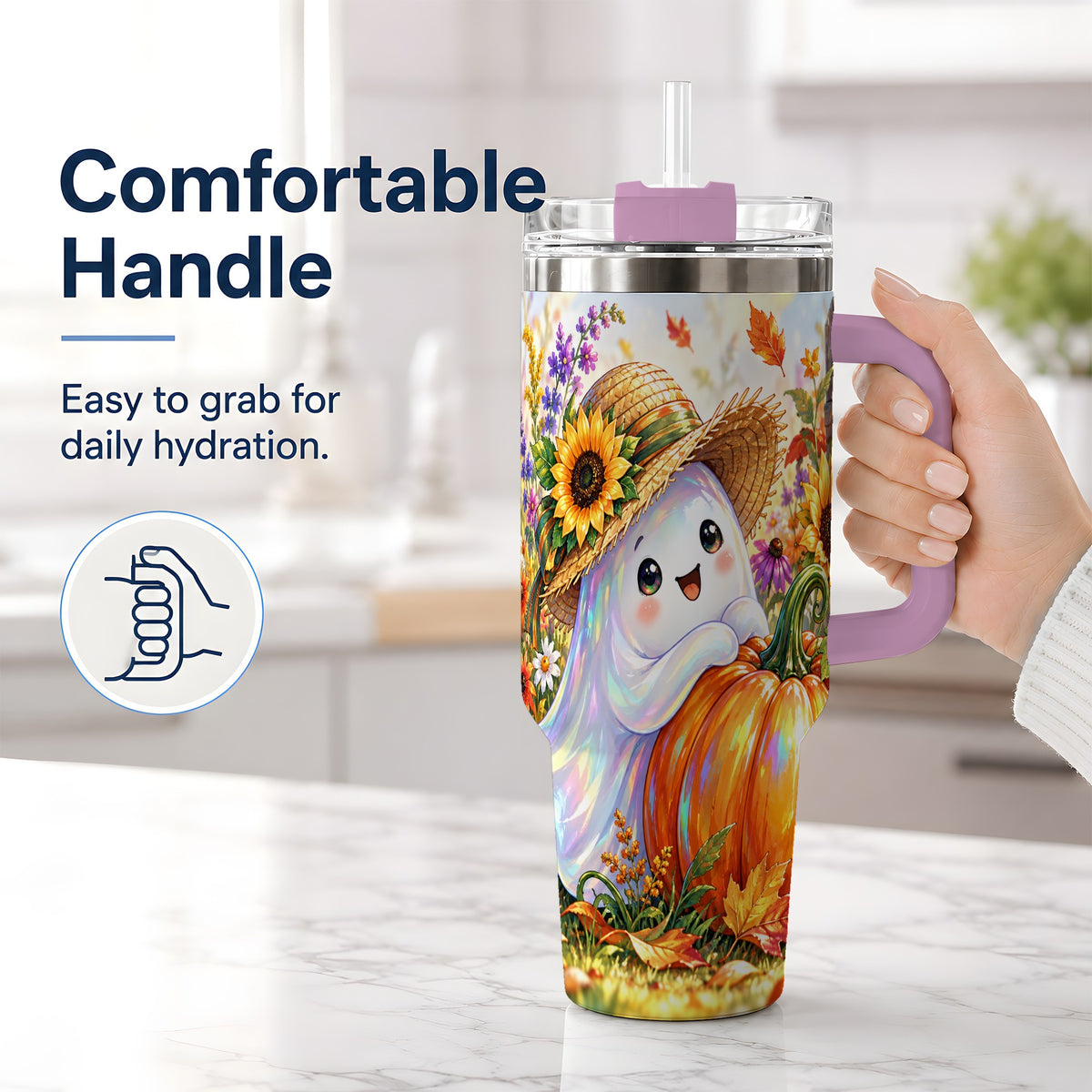 #pl[40oz|Pink] Autumn Ghost Tumbler 40oz, Pumpkin Sunflower Garden Seasonal Artwork