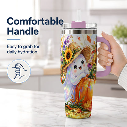 #pl[40oz|Pink] Autumn Ghost Tumbler 40oz, Pumpkin Sunflower Garden Seasonal Artwork