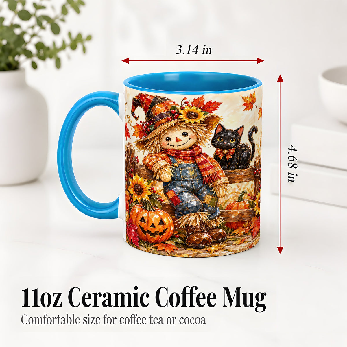 #pl[11oz|Blue] Autumn Scarecrow Cat Ceramic Mug, Pumpkin Sunflower Artwork