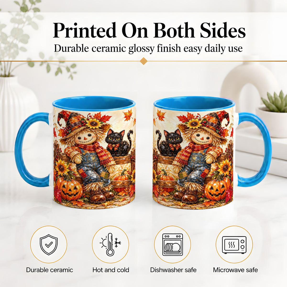 #pl[11oz|Blue] Autumn Scarecrow Cat Ceramic Mug, Pumpkin Sunflower Artwork